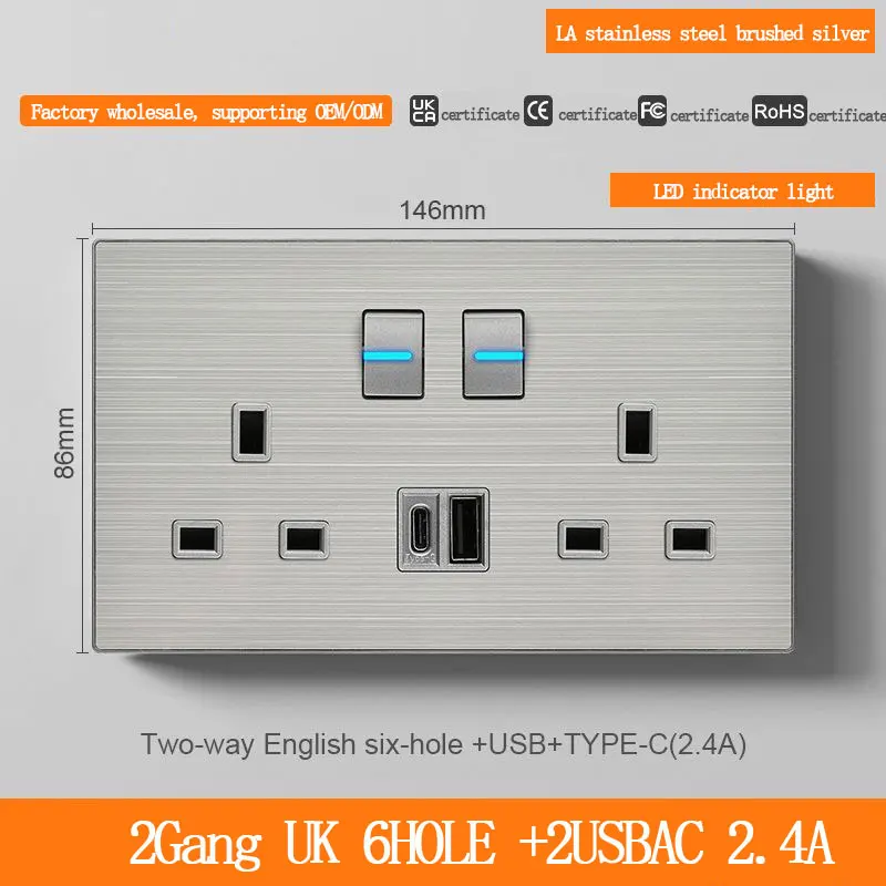 2Gang British Standard 146 Type Six-Hole USB Type-C 2.4A Charging Socket Stainless Steel Silver 6-Plug Power Outlet