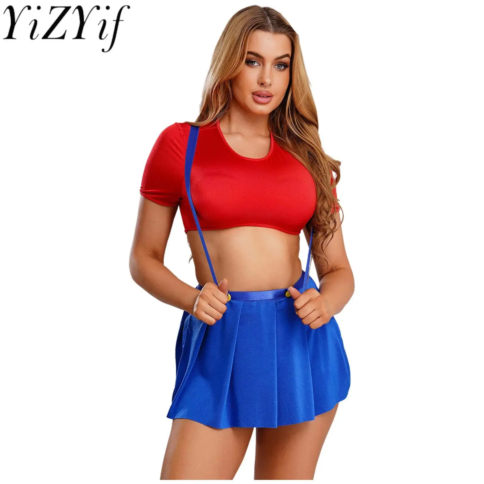 

Women Cartoon Plumber Cosplay Lingerie Set Short Sleeve Crop Top Suspenders Skirt And Briefs Suit for Dating Night Anniversary