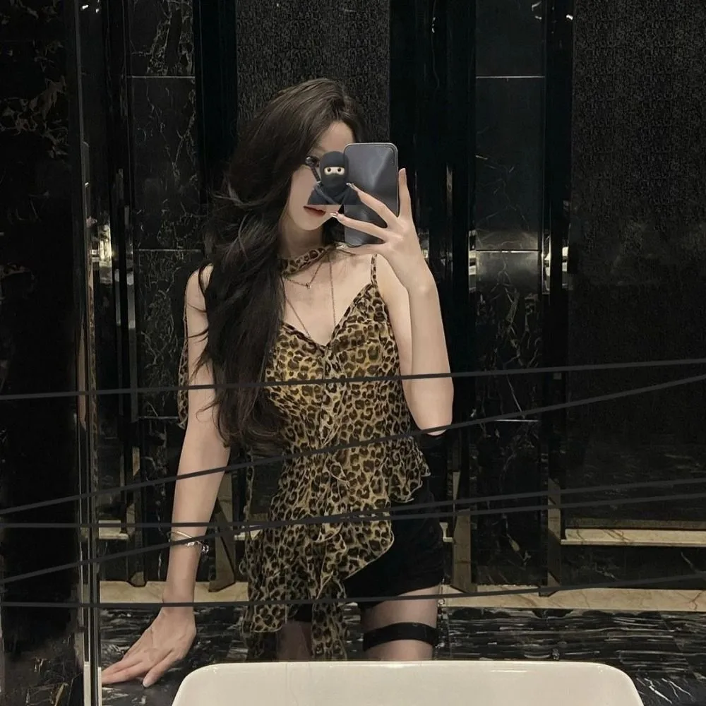 Korean Style Ruffled Edge Leopard Halter Camisole Thin Slim Fit Y2k Crop Tops Women Irregular Lace-up Sleeveless Camisole Summer