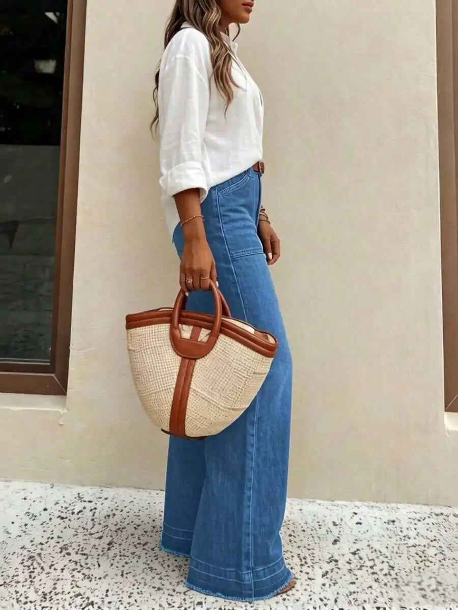 

Women High Quality Casual Loose Wide Leg Denim Pants Comfortable Daily Wear Spring Summer