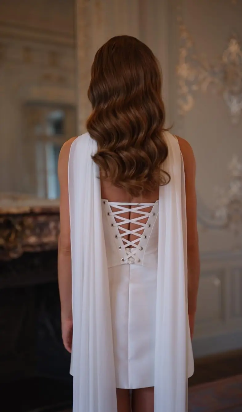 Customized Spaghetti Straps Short Wedding Dress Satin Corset Mini Bridal Shower Reception Gown with Scarf Vestidos De Noche