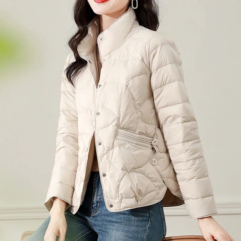 

2026 Spring Autumn Women Light White Duck Down Jacket Casual Outwear Short Coat Stand Collar Fashion Korean Style