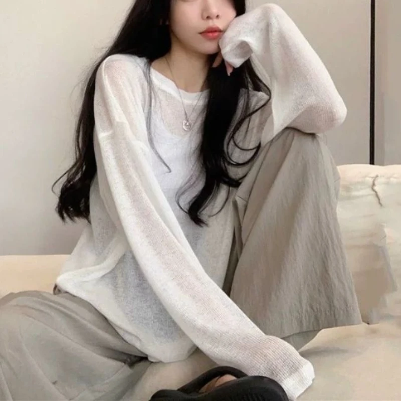 

Loose Long Sleeve White Sun Protection Shirt Transparent Korean Style Lazy Fashion Air Conditioner Top Women's T-shirt Femme