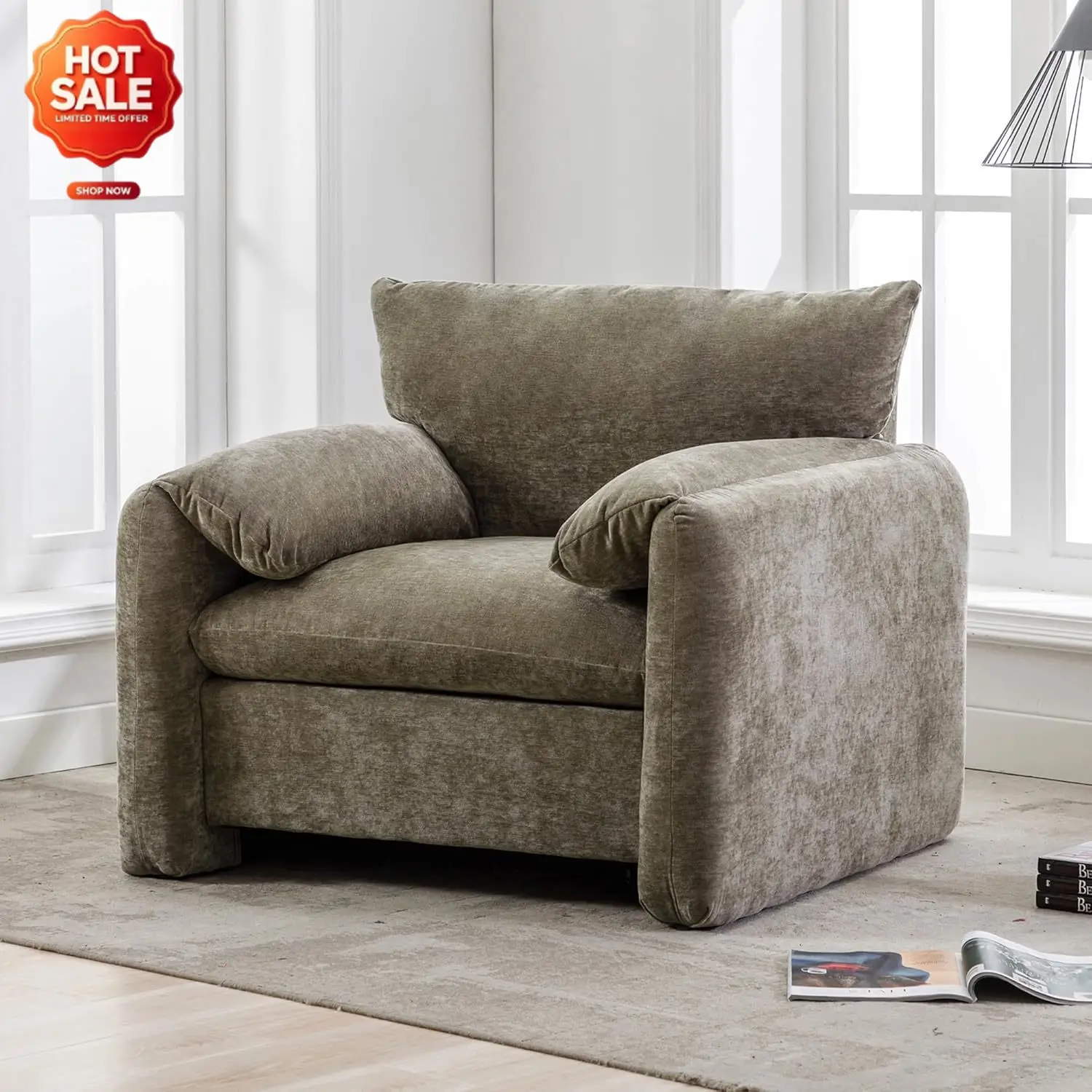 Modern Style Chenille Oversized Armchair Accent Chair Single Sofa Lounge Chair 38.6'' W for Living Room, Bedroom, Matcha Green