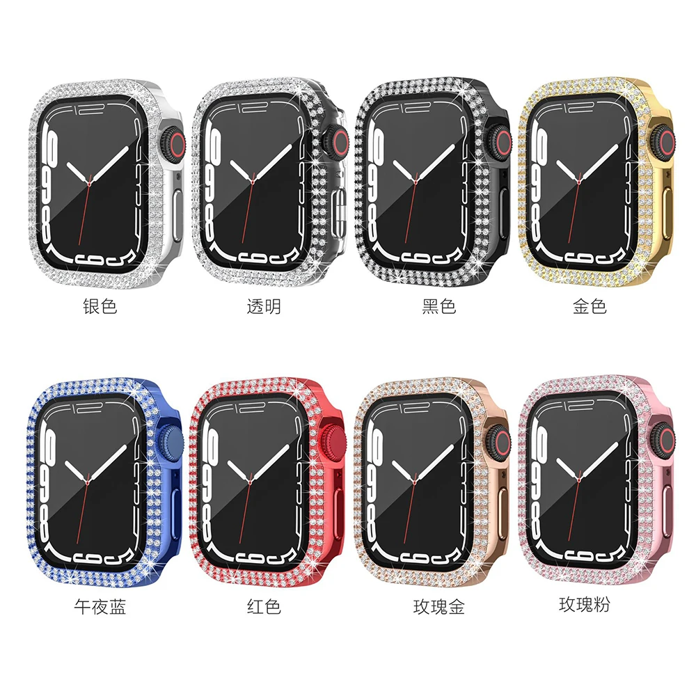 Diamond Case for Apple Watch40 41 44 45mm Protectice Cover with Tempered Glass Screen Protector for iWatch Series9 8 7 6 5 SE