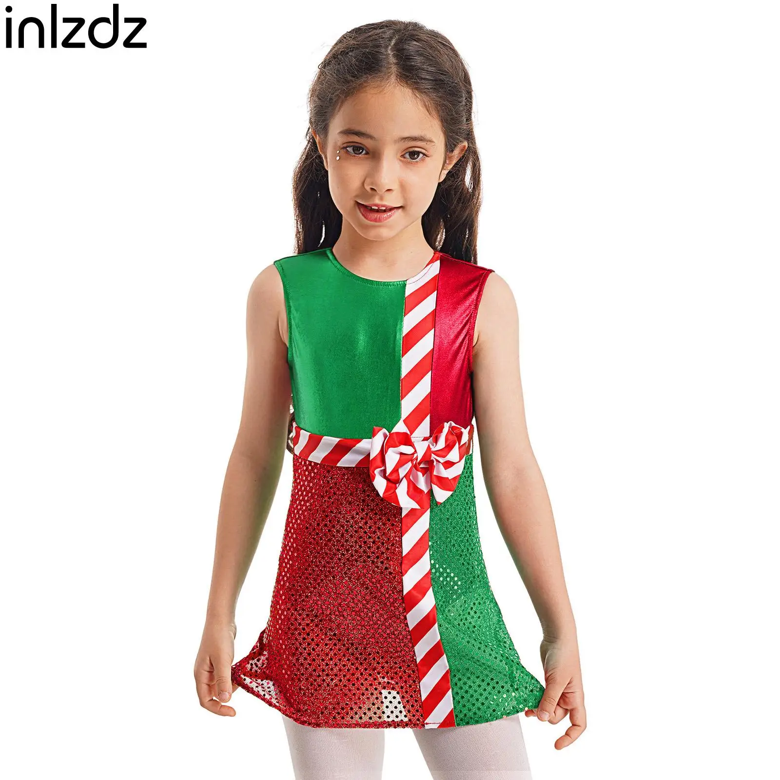 

Girls Christmas Xmas Santa Claus Cosplay Dress Striped Sleeveless Shiny Layer Skirt Jumpsuit for Halloween Circus Performance