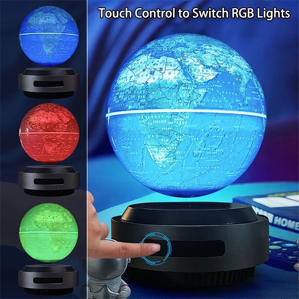 Globe Lumineux LED RVB à Levage existent, Carte de la Terre Rotative, Joli Tactile, Commande Magnétique Flottant, 6 Pouces, 14cm