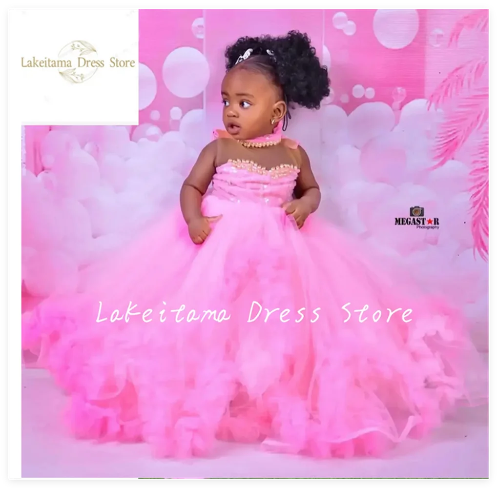 Pink Flower Girl Dresses Tulle Satin Tiered With Bow Short Sleeve Fit Wedding Party Birthday Banquet Princess Gowns