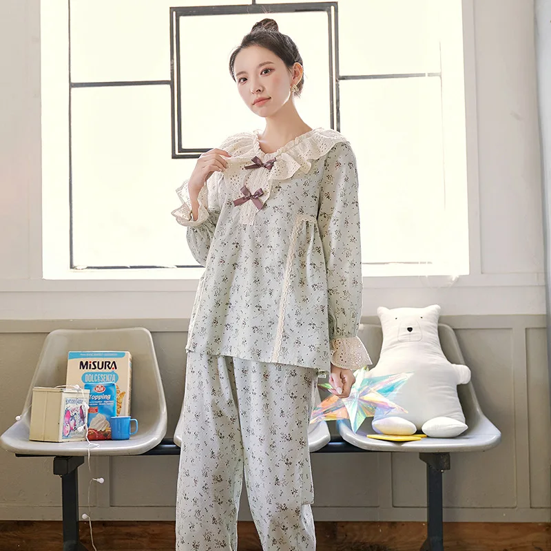 

Spring Summer Women Cotton Print Long Sleeve Homewear Lady Two Piece Set Pajamas Female Loose Casual Sleepwear Nightwear