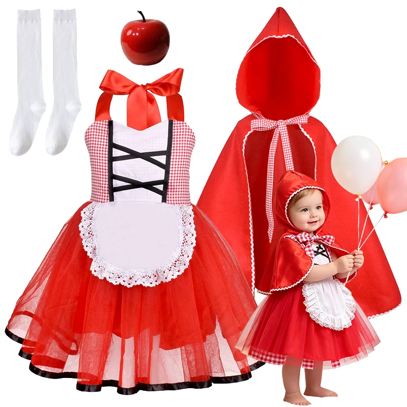 Toddler Girls Fairytale Hood Costume Red Cape Tutu Dress With Apron Kids Halloween Trick Or Treat Cosplay Outfits