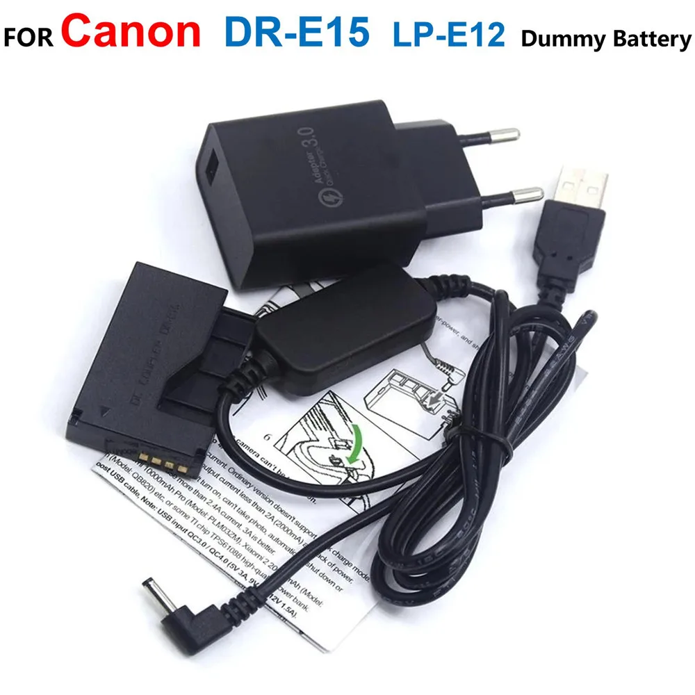 Cable de alimentación USB de 5V + acoplador de CC DR-E15 batería simulada de LP-E12 + cargador deACK-E15 para Canon EOS 100D Kiss x7 Rebel SL1 SX70HS Camrea