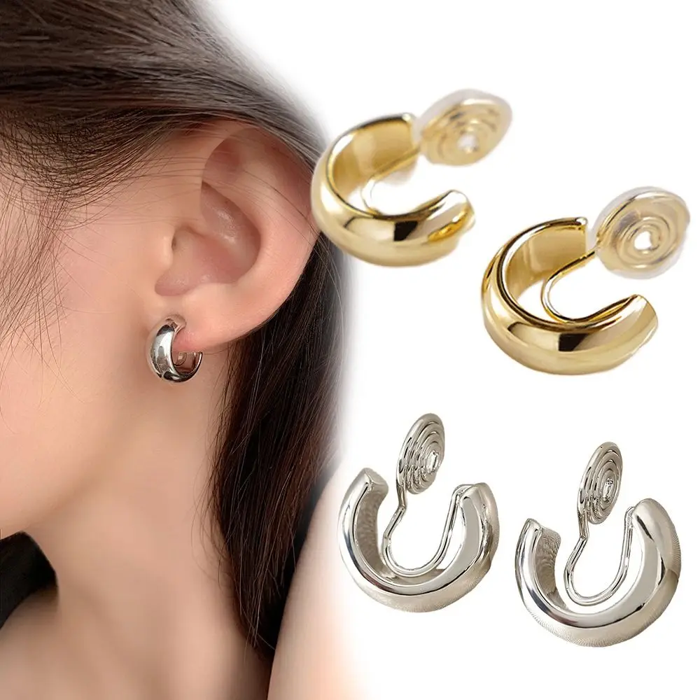 1Pairs New Fake Gold Clip On Hoop Earrings Copper Non Pierced Hoop Earrings Minimalist Classic Clip Earrings for Women