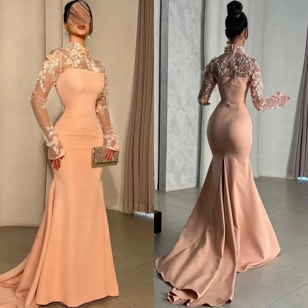 فستان سهرة أنيق من الجيرسيه الوردي مخصص كلاسيكي برقبة دائرية وأكمام طويلة فساتين المشاهير الرسمية حورية البحر مزينة بالحفلات