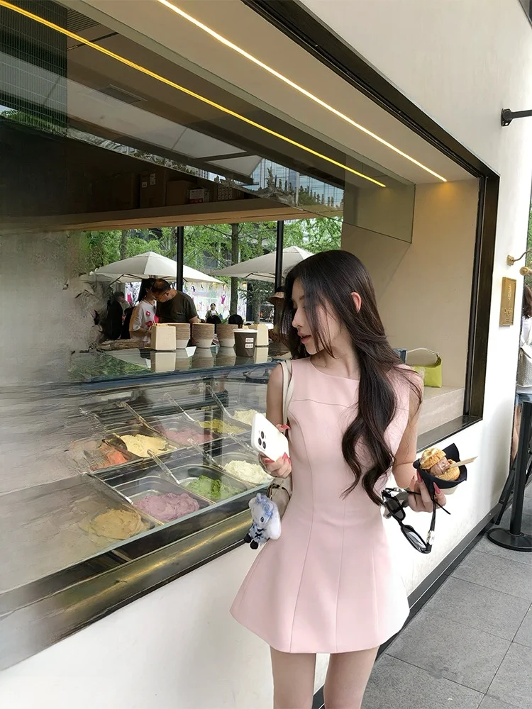 

iny Pink Gentle A-Line Waist-Cinching Svel ort Dr Women's Summer Faion Ele Skirt Casual Polyester Spandex