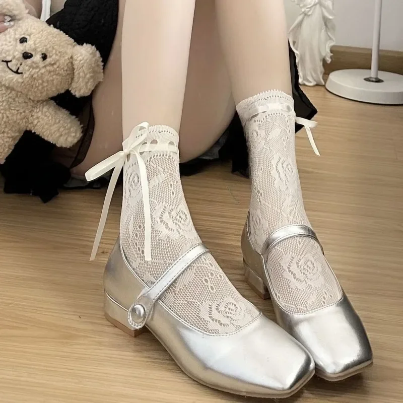 

Lolita JK Sweet Strap Bow Lace Socks Women Sexy Hollow Out Fishnet Flower Mesh Breathable Sock Rose Pattern Princess Short Socks