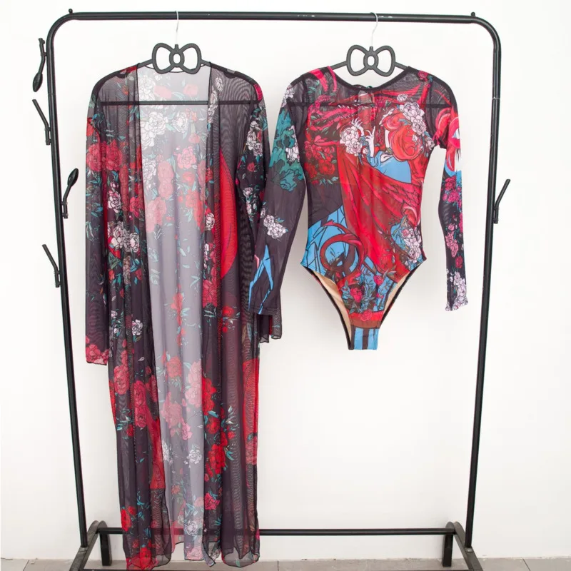 Einteiliger, langer Kittel-Bikini mit modischem Druck, mehrere Stile, Urlaub, Freizeit, Spa, Hot Springs, zweiteiliges Set, Badeanzug-Bikini