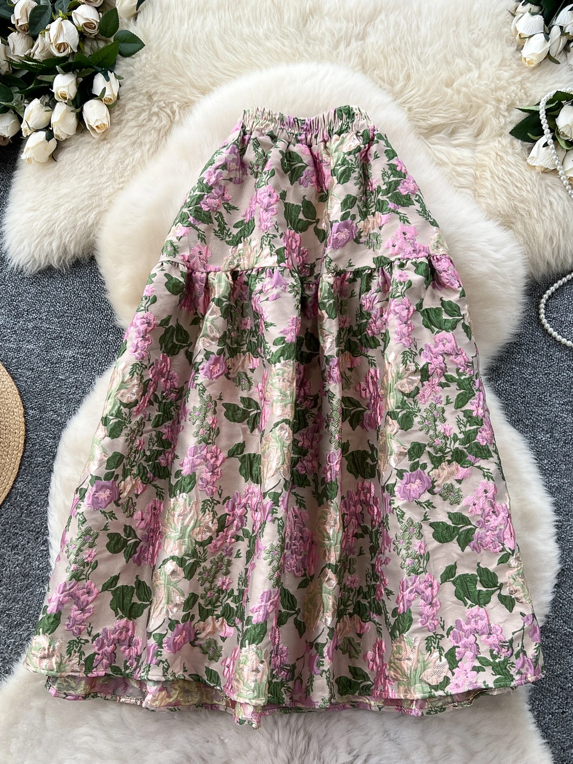Elegant Gold Embossed Floral Half Skirt High Waist A-Line Puffy Midi Skirt for Women Commute Korean Style Standard Fit