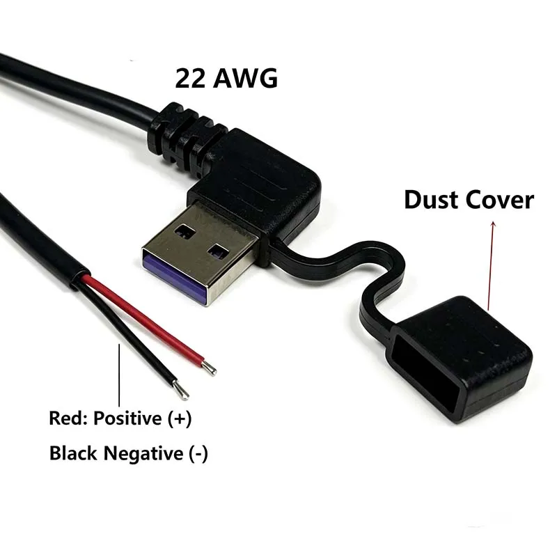 5PCS Right‑Angle USB 2‑Core 5V Power Cable with Dust Cap, 2‑Wire USB Charging Wire, Single End Cord for 5V LED Power Supply