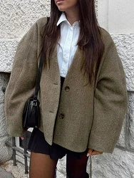 Fantoye Deeo V-neck Single Breasted Women Coat Gray Long Sleeve Pocket Short Jacket Female Winter Loose Casual Streetwear 2024