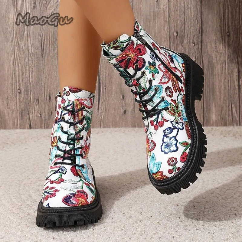 Neue Mode frauen Stiefel Seite Zipper Dicken Boden Britischen Stil Botas Mujer Trend Vielseitige Kurze Stiefel Floral Gedruckt Botines