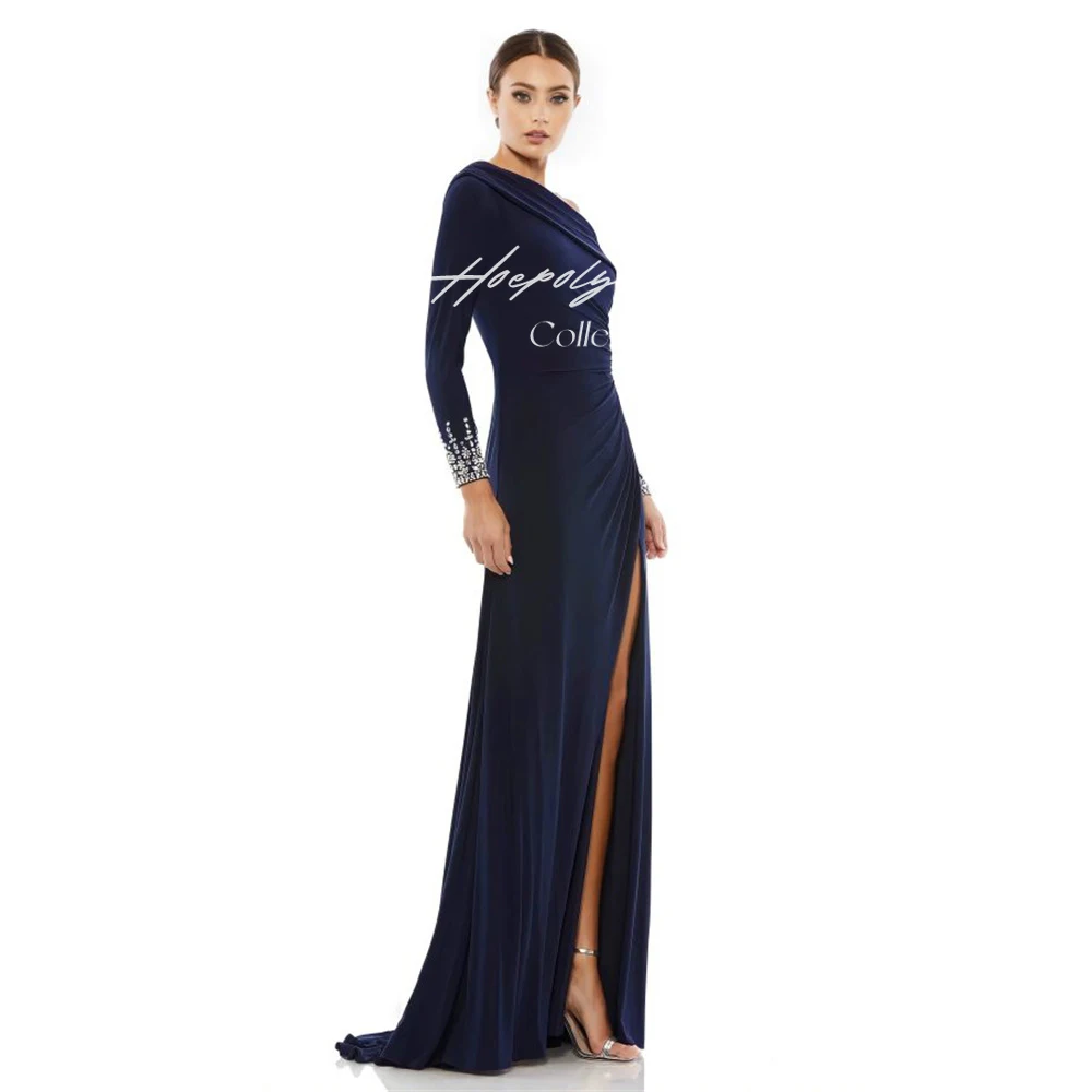 

Hoepoly Luxury One Shoulder Full Sleeve Mermaid Long Formal Classy Evening Dress For Woman High Slit Floor Length Prom Gown New