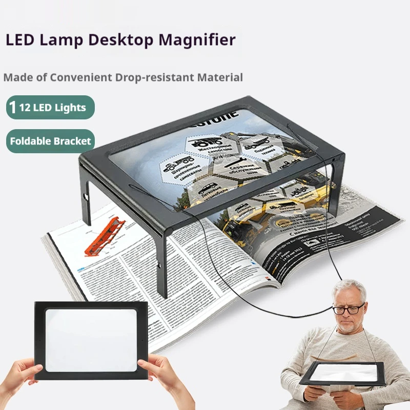 A4 Reading Magnifier Large Full Page Foldable Desktop Magnifying Glass with Led Lights for Seniors Low Vision Book Reading