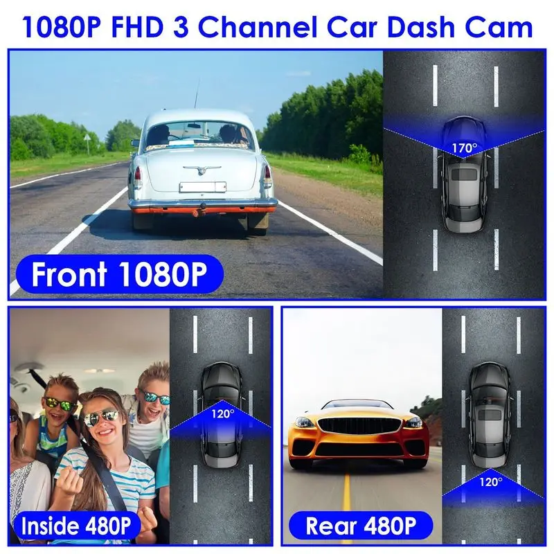 1080P FUD 3 Channel WiFi Dash Cam 170° Wide Angle Triple Car Camera With IR Night G-Sensor Motion Detection Loop Recording App