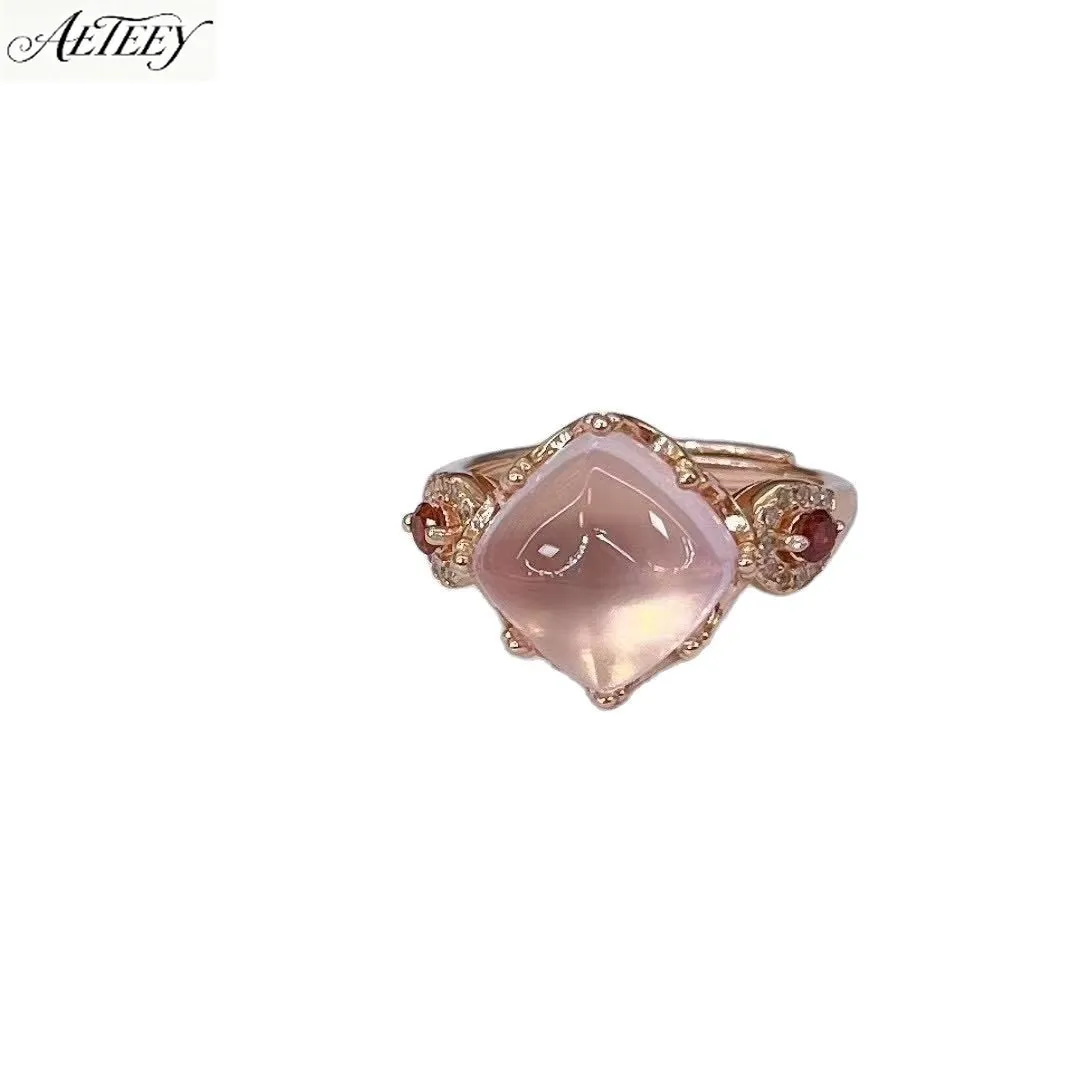 AETEEY S925 Silver Rose Gold Plated Natural Rose Quartz Open Ring 10mm Main Stone Women Light Luxury Jewelry