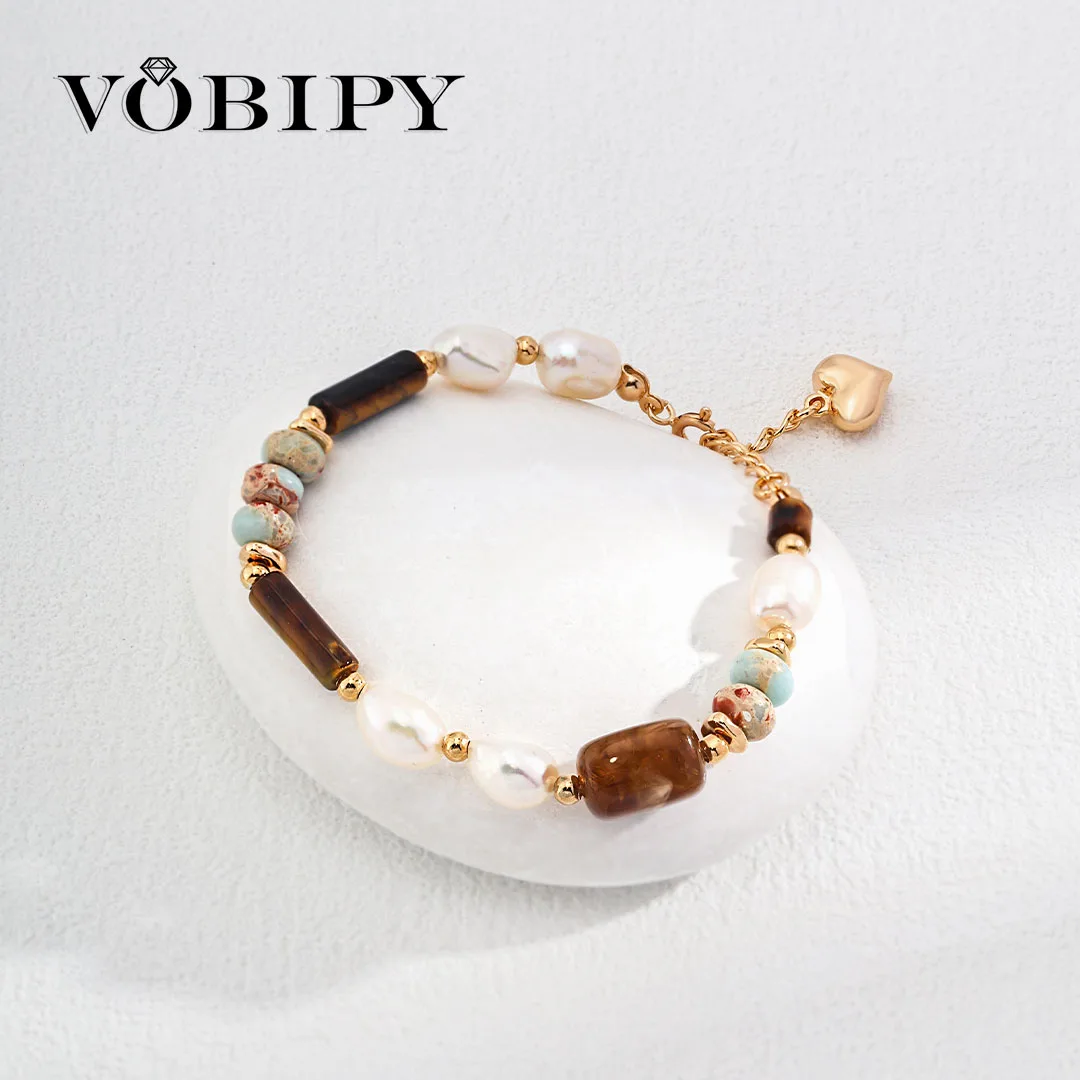 

VOBIPY 925 Silver Tiger's eye Chain Bracelet with Obsidian Freshwater Pearl for Women Girls Vintage Beads Bracelet Jewelry Gifts