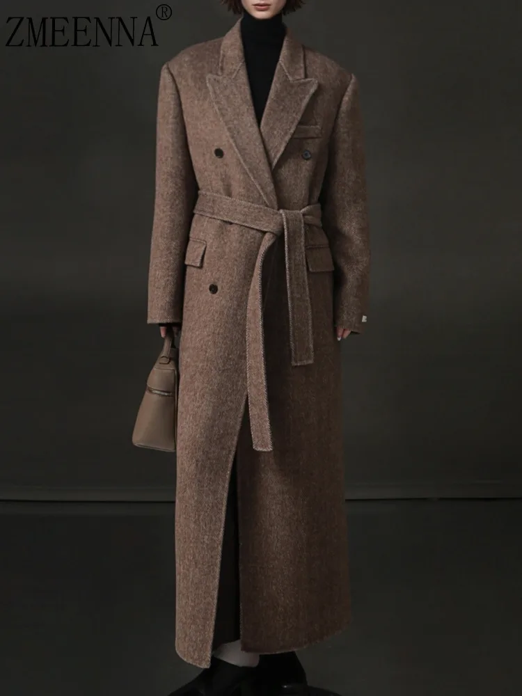 معطف نسائي طويل بني مزدوج الصدر من ZMEENNA معطف طويل برباط ذاتي وحزام من مزيج الصوف مناسب ملابس خارجية شتوية ZM4533