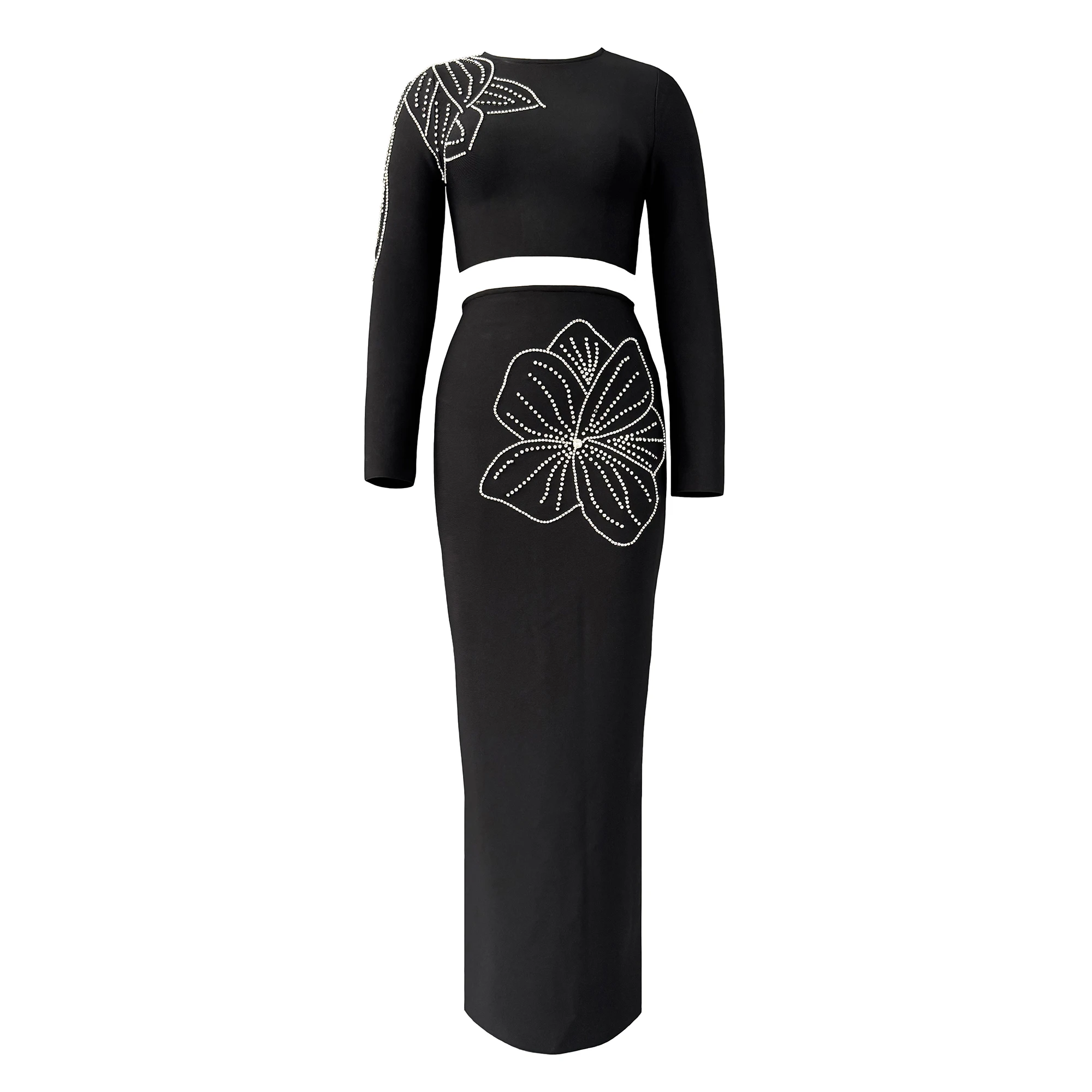 

2025 New Women Elegant Bandage Sets Sexy Beading Long Sleeve Tops Long Skirts Two Pieces Sets