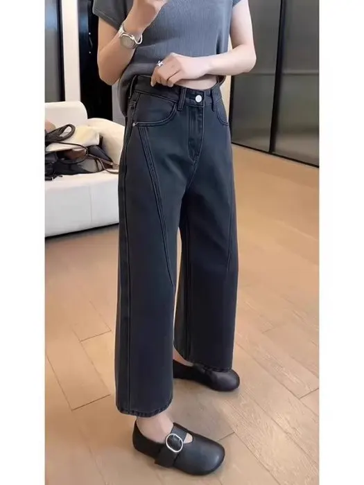 

plus Size Fashionable Retro Washed Denim High Waist Straight Leg Jeans Women's Autumn Wide Leg Pants Hide Meat Slimming