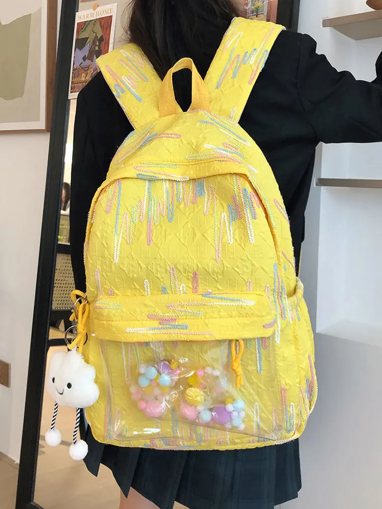 

Korean Sweet Nylon Ita Backpack Girls Fashionable Colorful Striped Transparent Daypack School Book Bag with Adjustable Straps