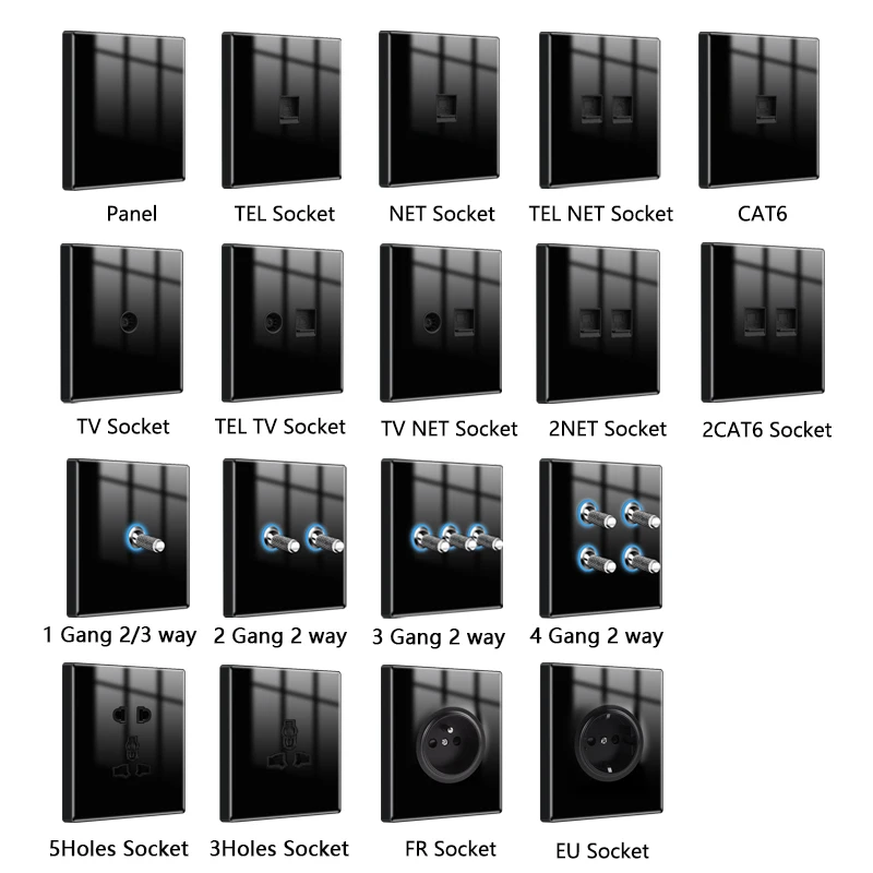 Avoir Black Crystal Glass Panel Toggle Switch With LED Indicator Wall Light Switch Power Socket RJ45 Network TV Plug Dimmer 220V