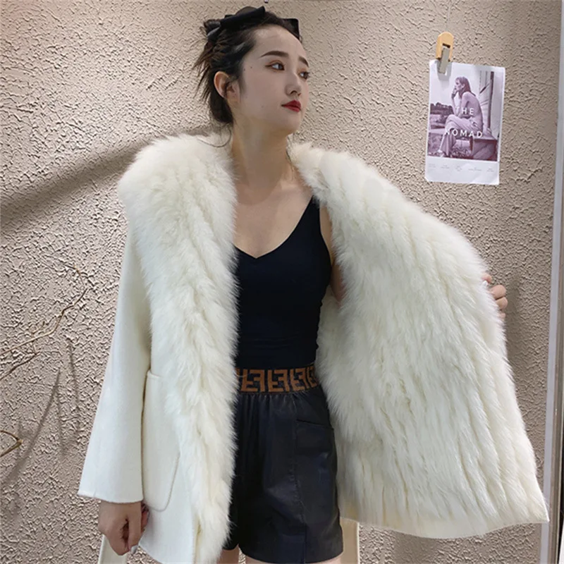 Women Cashmere European Long Cardigan Loose Jacket With Hat Winter Warm Luxury Lining Fox Fur Striped Coat With Belt Removable