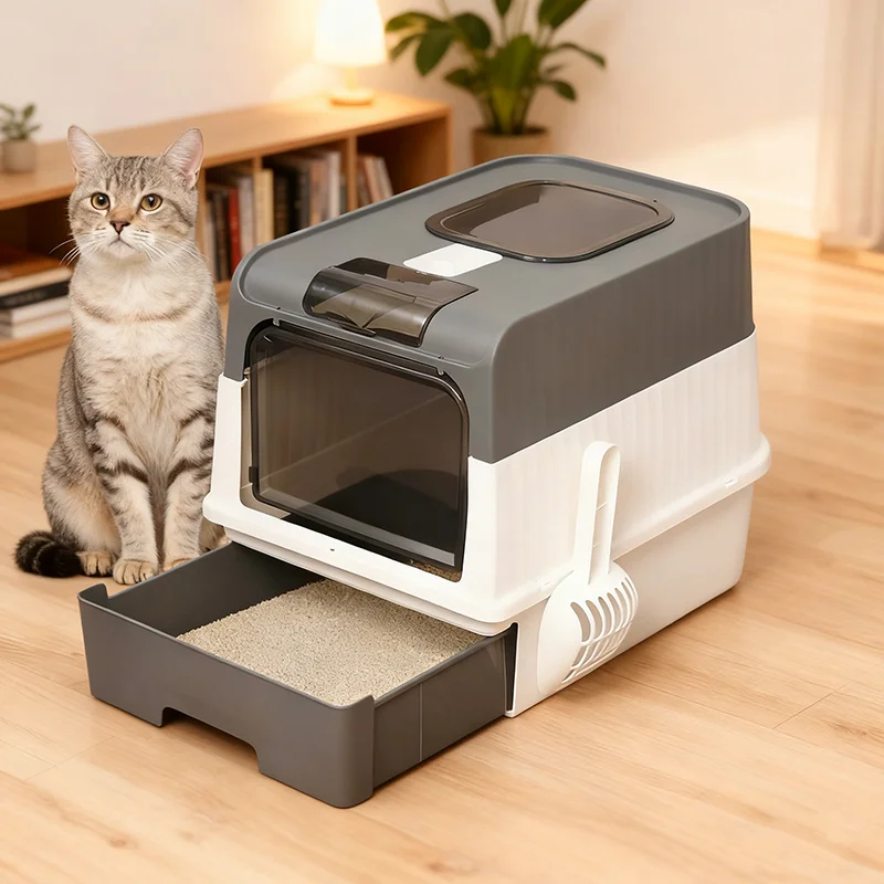 Large Foldable Enclosed Cat Litter Box With Lid Front Entry Top Exit Anti Splash Kitty Toilet Odor Control Clean Pet Sand Box