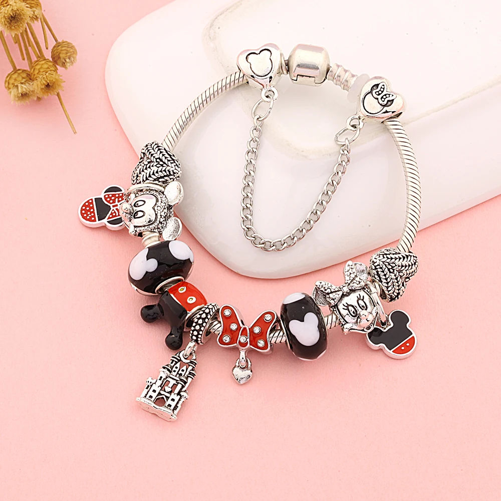 

Black Crystal Disney Mickey Charm Bracelet Red Black Enamel Minnie Bowknot Bead Bracelet Silver Color Heart Cartoon Jewelry Gift