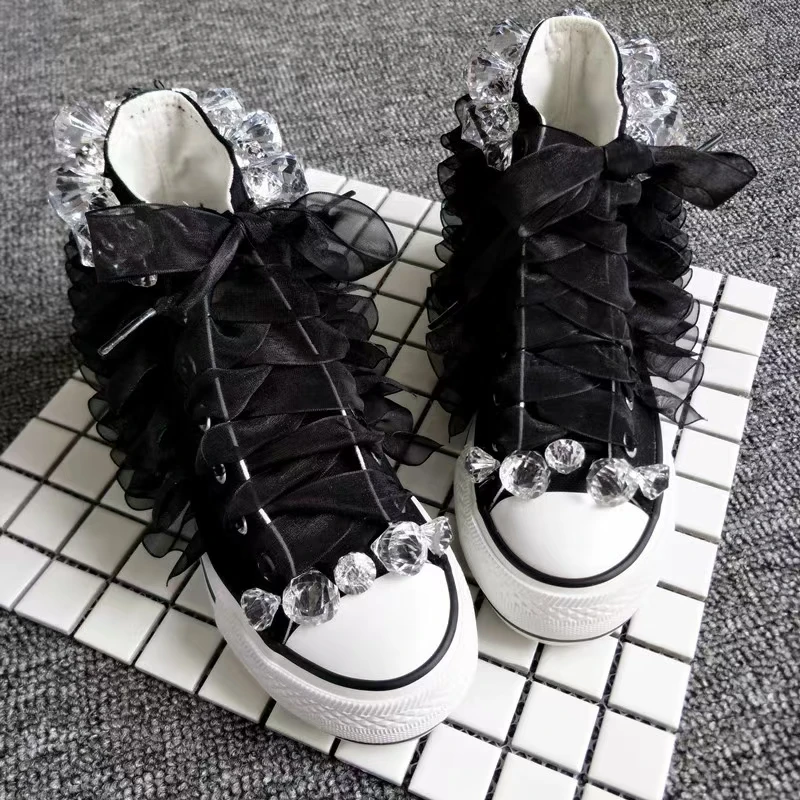 

Hand-made gemstone chiffon trimmed canvas shoes with thick sole comfortable women's single shoes 35-40