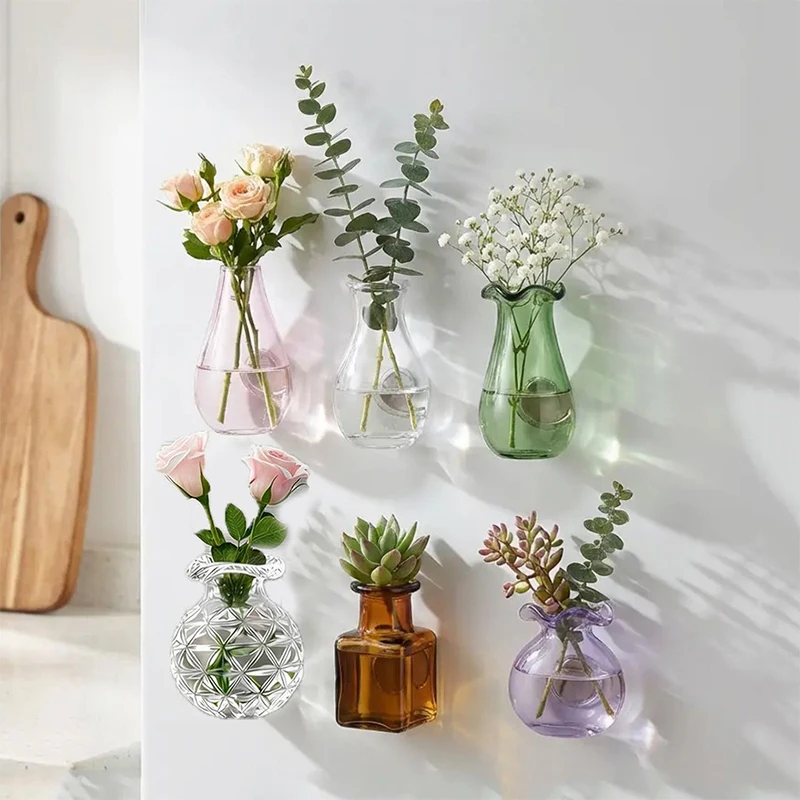10Pcs Mini Glass Vase Fridge Magnet Magnetic Tiny Bottle Refrigerator Stickers DIY Micro Glass Bottle Decor Small Flower Vase