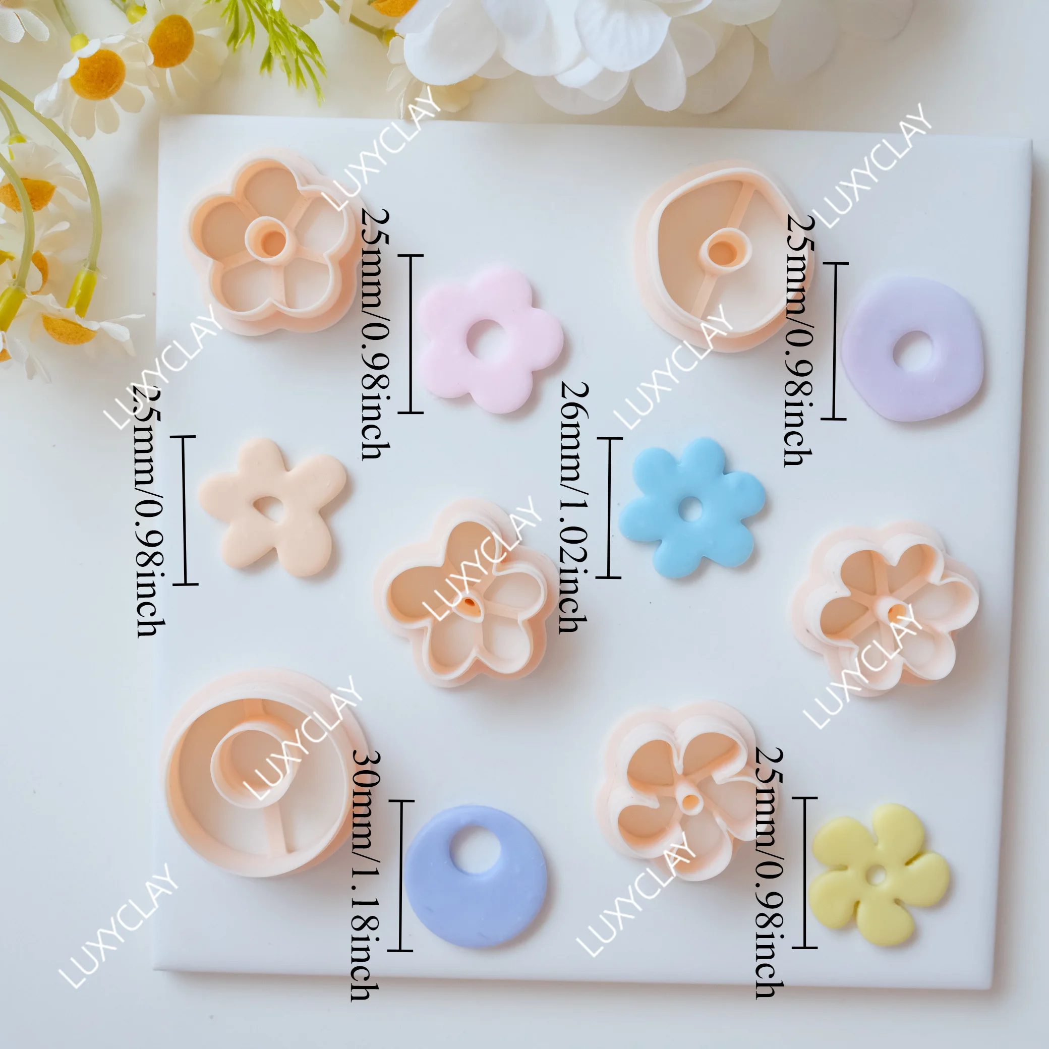 6 Stück Blumen-Donut-Formen aus Polymer-Ton für Creolen-Herstellung, Fünf-/Sechsblättrige Blumen-Umrissformen für Schmuckherstellung – Detail 2