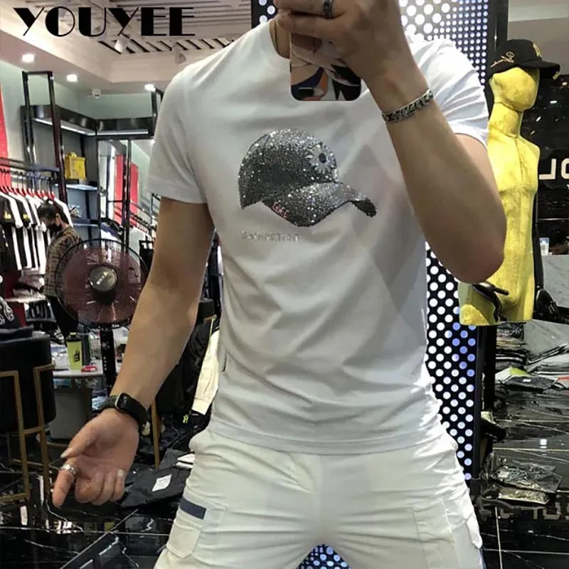 Men T-shirt Summer Rhinestones Pattern Short Sleeve Fashion Man Streetwear Hot Drill Casual Multiple Colors Plus Size 4xl Top