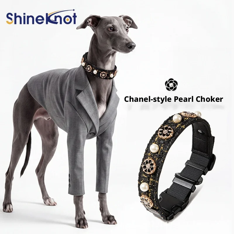 SHINEKNOT Small And Medium-Sized Dogs Pet Collars Traction Ropes High-End Luxury Collars, Pearl Camellias Small Fragrant Wind