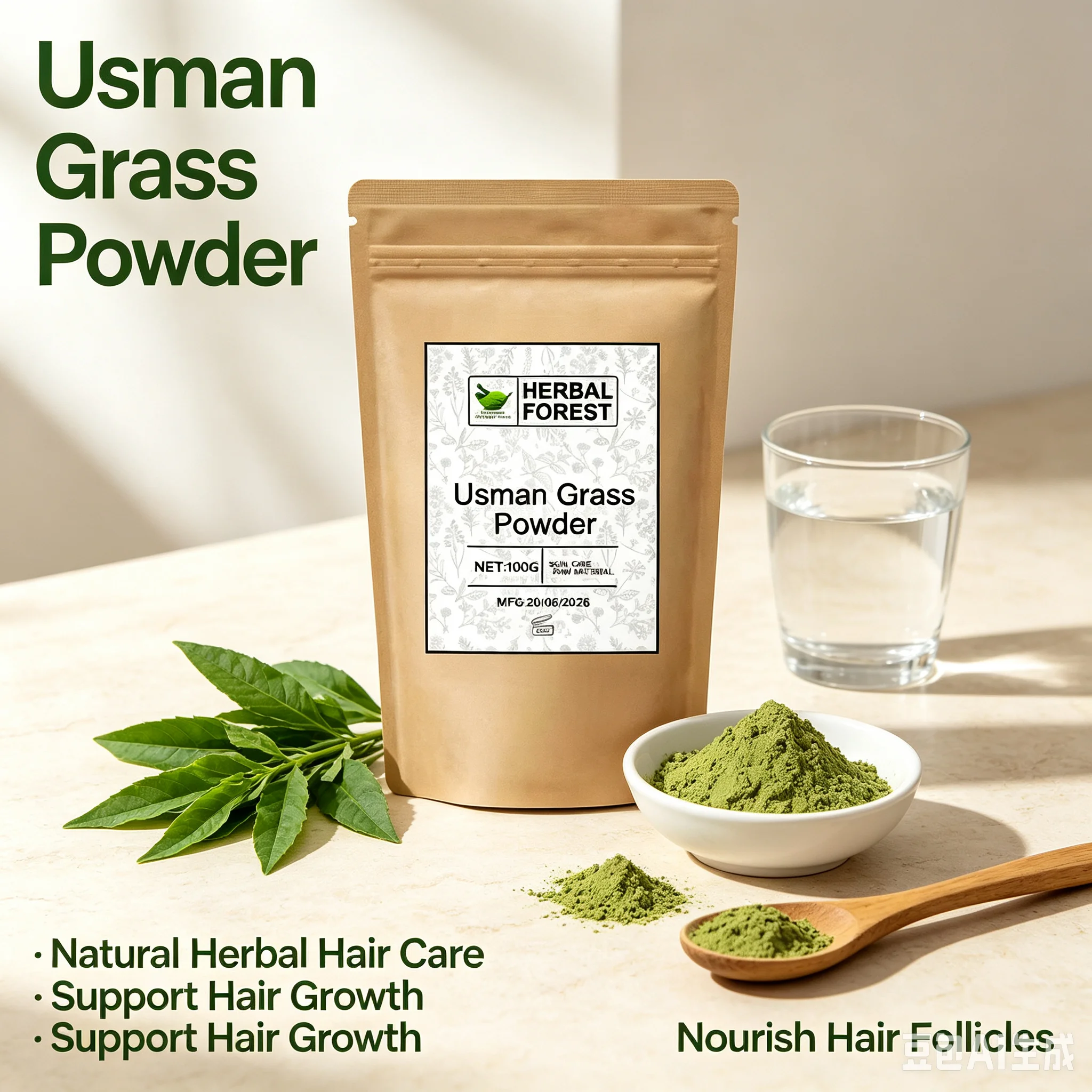 HERBAL FOREST Usman Grass Powder Natural Usman Grass Powder Boost Hair Growth Thick Eyelash Eyebrow Care