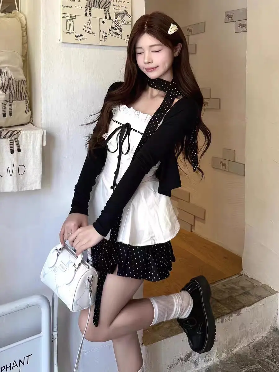 Sweet Lace Bow 2 Piece Set Women Spaghetti Strap Crop Top + High Waist Polka Dot Mini Skirt Slim Fit Party Korean Style Outfit - view 2