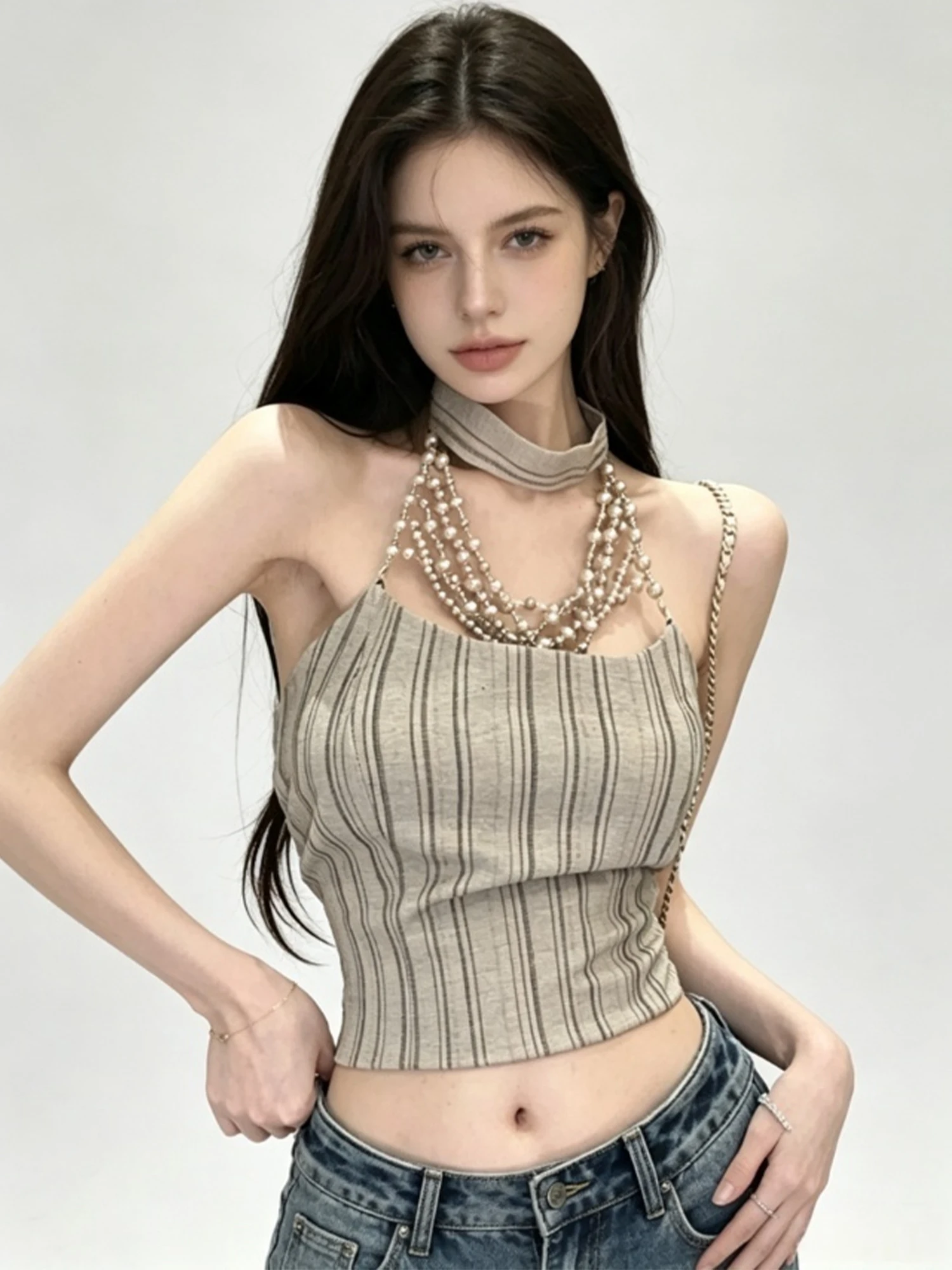 Women's Khaki Striped Halter Cropped Top Camisole Retro Y2K Gyaru Vintage Off Shoulder Sleeveless Tank Top for Women Summer 2026