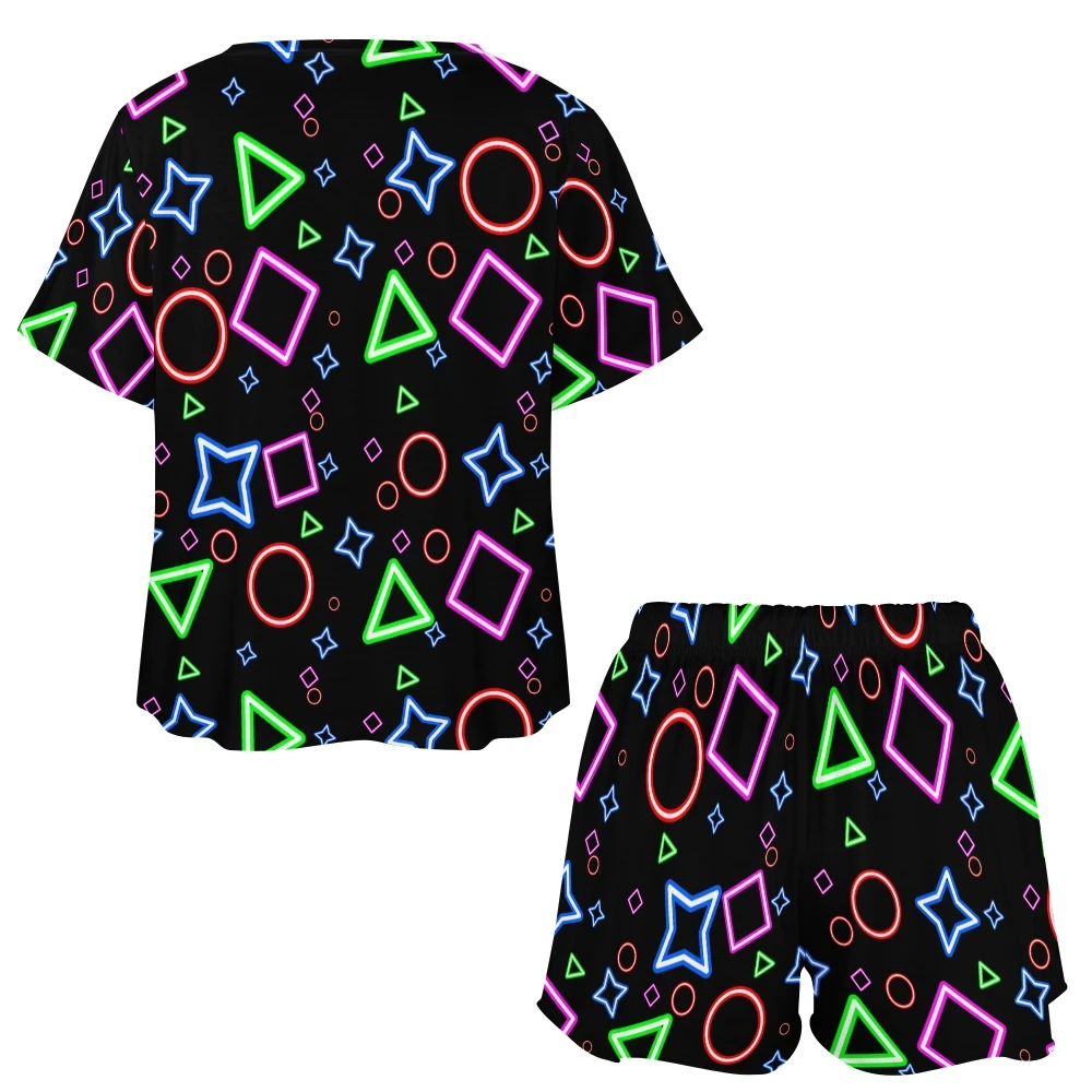 Multicolored Geometric Women's 2-Piece Button Down Short Sleeve Button Front Sleepwear Loungewear PJ Set Summer Home Suit