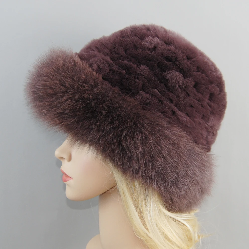 New Style Women Outdoor Winter Warm Natural Fox Fur Hats Lady Knit Fur Cap Female Fashion Knitted Fluffy Real Rex Rabbit Fur Hat