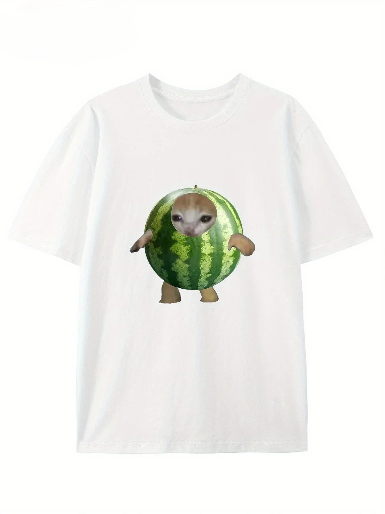 The new men's casual T-shirt features a watermelon cat pattern printed short-sleeved, and high-quality short-sleeved
