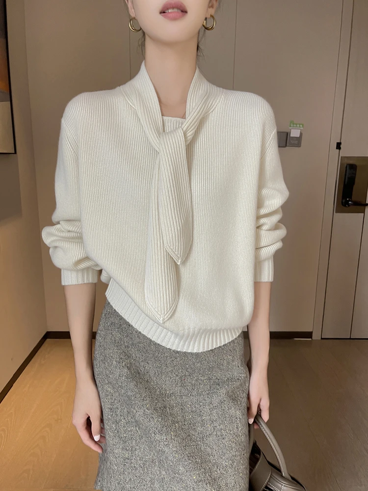 

Зимний вязаный свитер Pin Mili с длинными рукавами для женщин: модный, с бантом, теплый, мягкий, омолаживающий топ для осени и зимы