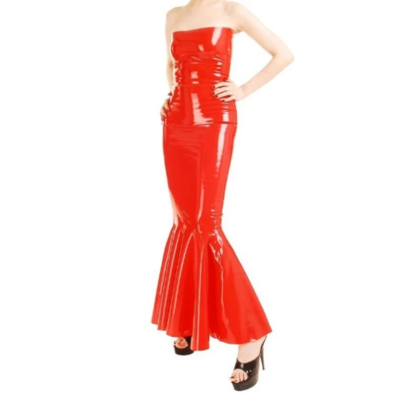 Sleeveless Red Sexy Long Fishtail Latex Dress Rubber Bodycon Playsuit Frills at Bottom Plus Size